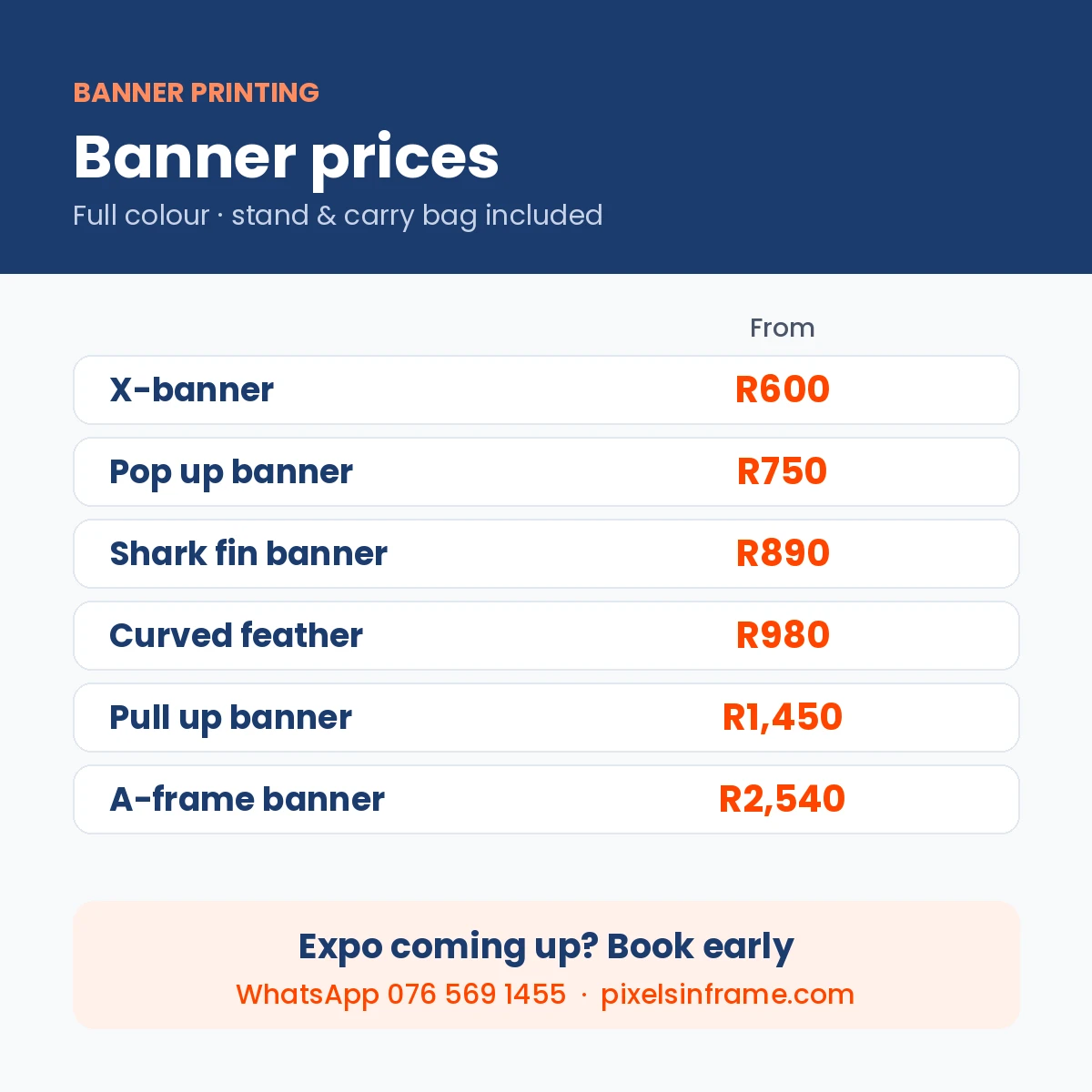 Banner printing prices in Midrand: X-banner, pop up, shark fin, curved feather, pull up and A-frame banners