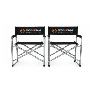 Two branded directors chairs with full colour logo on the back rest