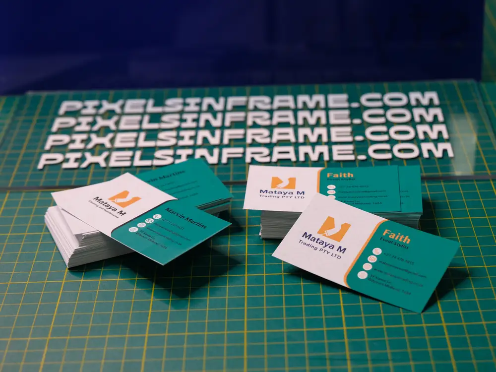 Business cards printed by Pixelsinframe for Mataya M Trading, Midrand
