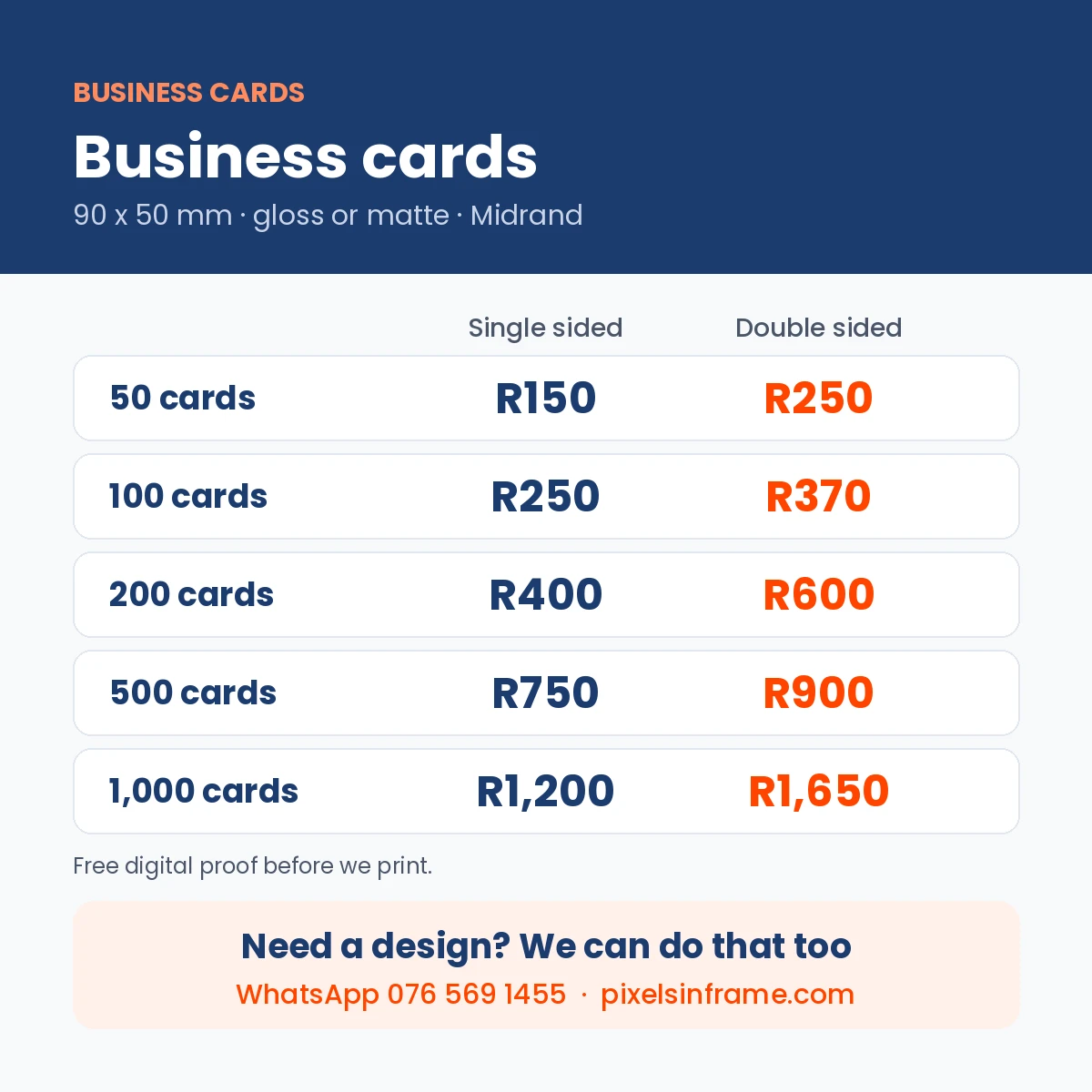 Business card printing prices in Midrand: 50 to 1,000 cards, single or double sided