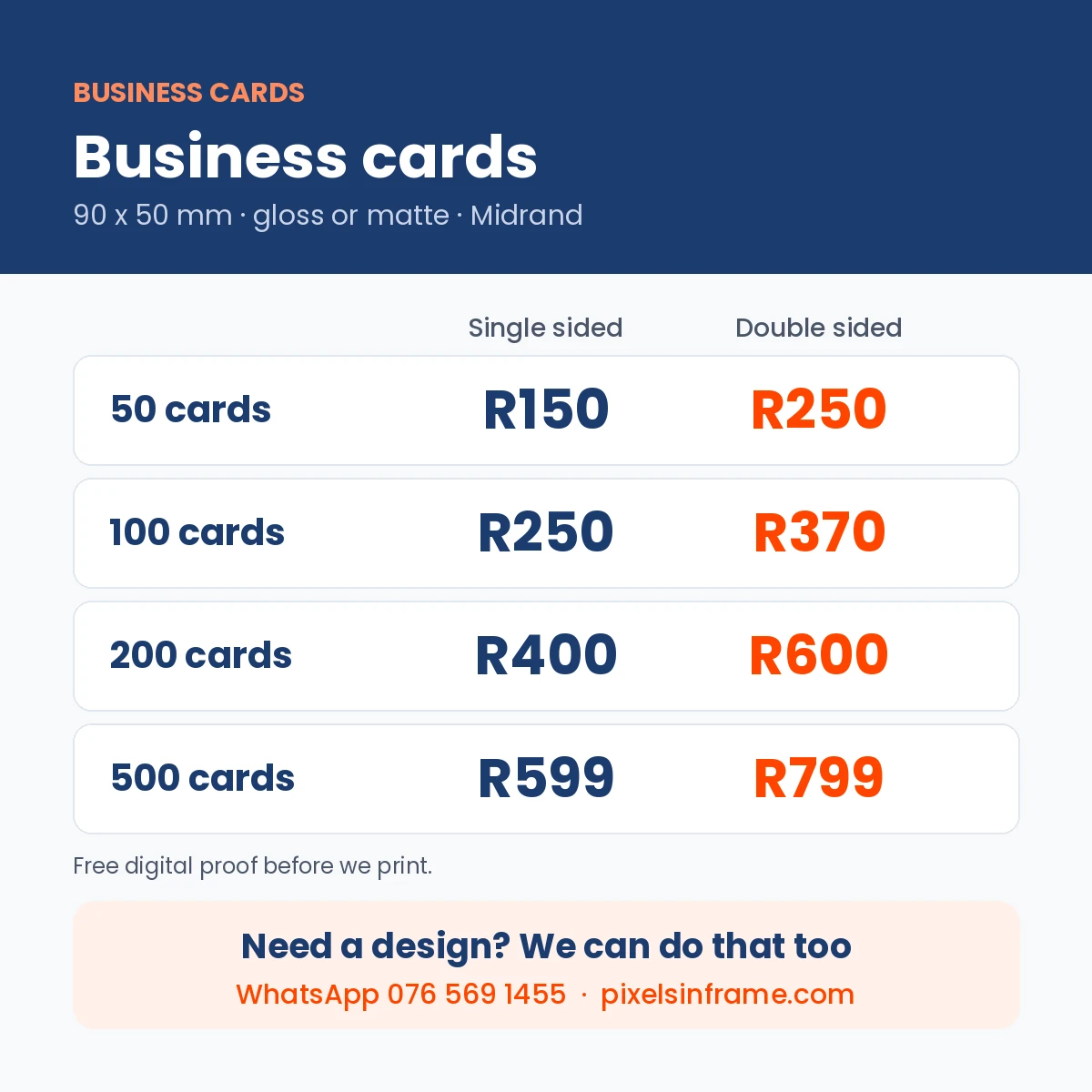 Business card printing prices in Midrand: 50 to 500 cards, single or double sided