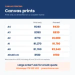 Canvas printing prices in Midrand: A4 to A0 and 40x40 cm, print only or framed