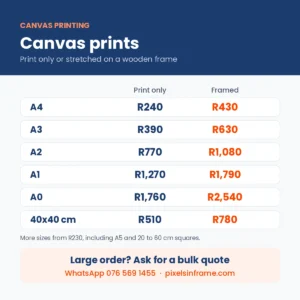 Canvas printing prices in Midrand: A4 to A0 and 40x40 cm, print only or framed