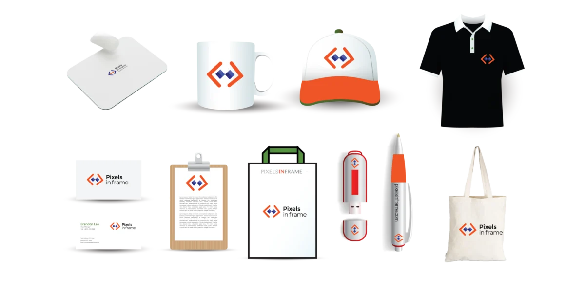 Branded corporate gifts: mugs, caps, golf shirts, stationery and tote bags