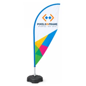 Curved teardrop feather banner with full colour print on a weighted base