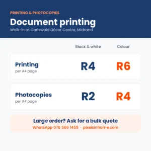Document printing and photocopy prices in Midrand: R4 black and white, R6 colour