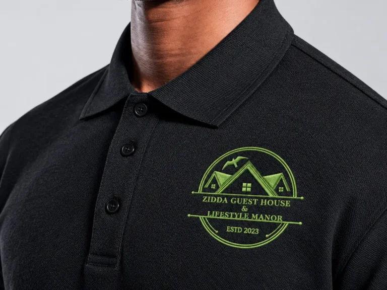 Logo embroidery on a black golf shirt by Pixelsinframe, Midrand
