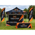 Branded event kit in Midrand: gazebo, back wall, feather banners and table cloth