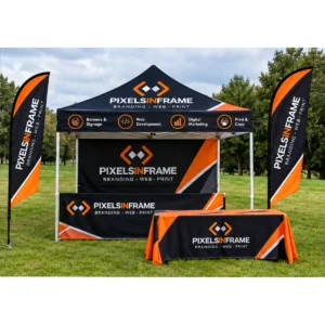 Branded event kit in Midrand: gazebo, back wall, feather banners and table cloth