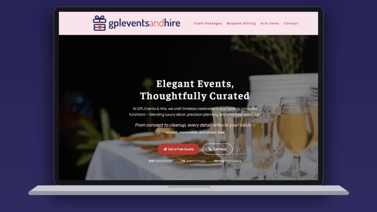 GPL Events & Hire website on a laptop, designed by Pixelsinframe