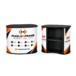 Kidney shape promo counter with full colour Pixelsinframe branding, front and back view