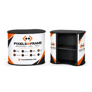 Kidney shape promo counter with full colour Pixelsinframe branding, front and back view