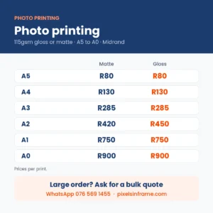 Photo printing prices in Midrand, A5 to A0, matte and gloss