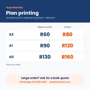 Plan printing prices in Midrand, A2 to A0, black and white and colour