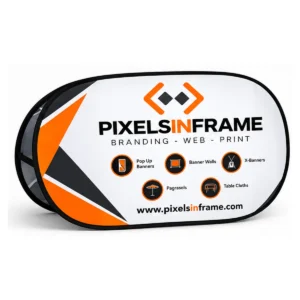 Double sided pop up A-frame banner with full colour Pixelsinframe branding