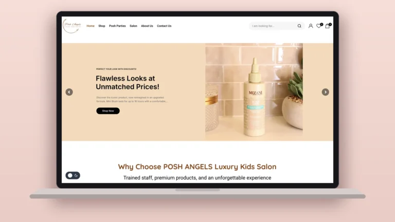 Posh Angels Luxury Kids Salon website on a laptop, designed by Pixelsinframe