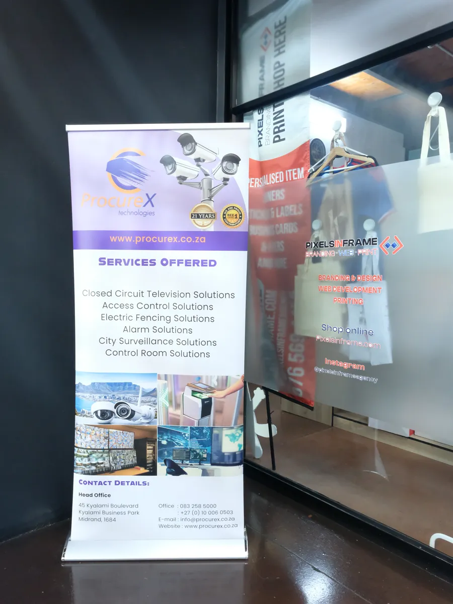Roll up banner on display in an office