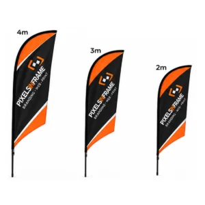 Shark fin feather banners in 4m, 3m and 2m sizes with full colour branding