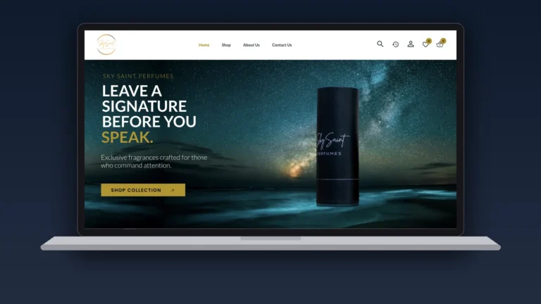 SkySaint Perfumes website on a laptop, designed by Pixelsinframe