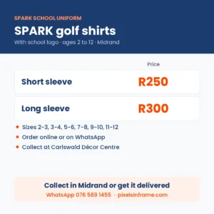 SPARK school golf shirt prices in Midrand: short sleeve R250, long sleeve R300
