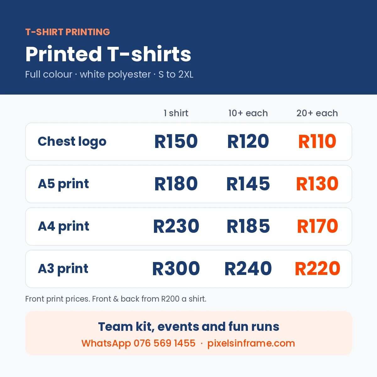 T-shirt printing prices in Midrand: chest logo, A5, A4 and A3 prints for 1, 10 and 20 shirts